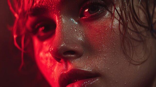 Intense Determination: A close-up portrait of a woman drenched in sweat under a dramatic red light, exuding raw emotion, resolve, and the intensity of a powerful internal struggle. 
