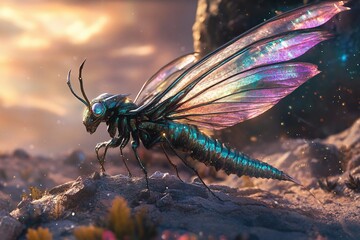 insectoid alien with iridescent wings on an alien planet