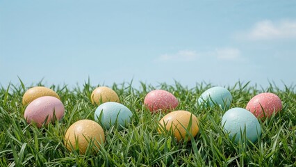 Fototapeta premium Colorful eggs scattered in green grass under a blue sky with clouds.