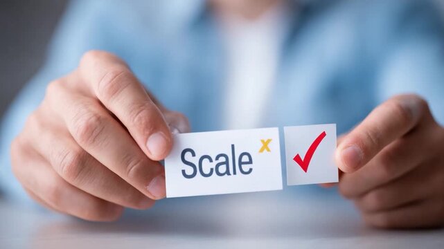 Strategic Scale: A person meticulously aligns a 'scale' card, adding a checkmark to visualize the process of achieving scale and expansion