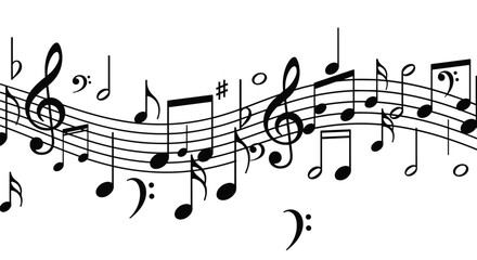 Wavy musical staff with a flowing arrangement of various black notes and clefs isolated on a white background vector illustration.