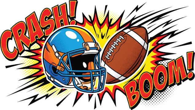 American football helmet colliding with ball in retro comic book pop art style with crash and boom sound effects text.