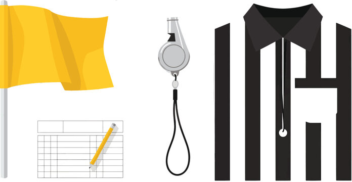 Vector illustration of sports referee equipment set including yellow flag, whistle, striped uniform shirt, and penalty scorecard with pencil on white background.
