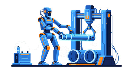 Futuristic factory automation with robot arm and artificial intelligent worker illustration