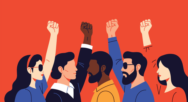 Diverse group of people protesting with fists raised in the air representing solidarity activism and social justice.
