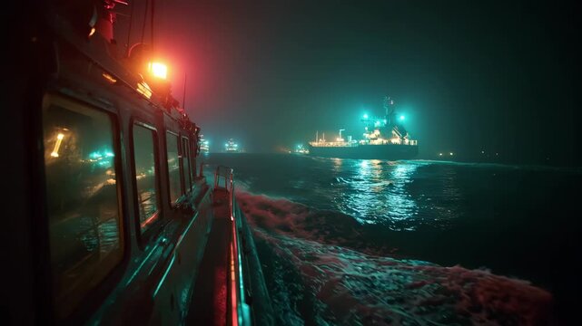 Medium shot of a pilot boat using flashing lights and radar during nighttime expertly directing a tanker through dark quiet waters into port.