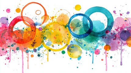 Watercolor circles collide in a vibrant display of abstract art. Splashes of color mix and mingle, creating a dynamic and fluid composition.