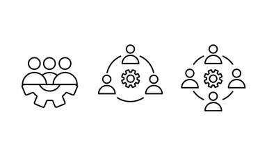Teamwork icon, line art style. Three and four people and information exchange. Project management for web, mobile and infographics design. Flat illustrator vector file. high quality picture
