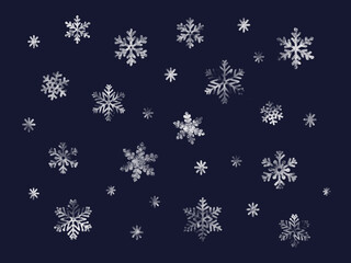 White Hand-Drawn different Snowflakes Pattern on blue Background