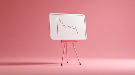Declining trend graph on whiteboard with pink background and stand, indicating business or financial decrease