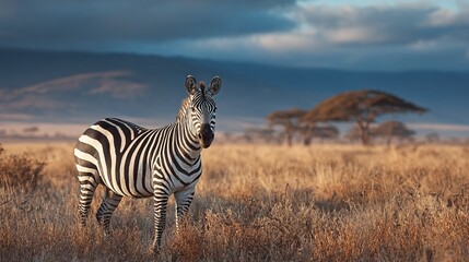 Obraz premium Striking zebra portrait in a vast African savanna, golden light. Serene landscape, natural beauty, wildlife elegance. Majestic nature photography.