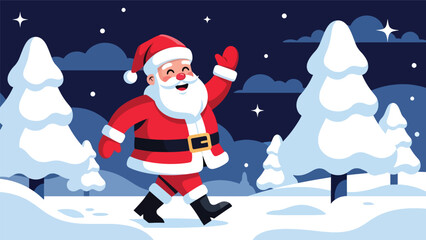Flat vector illustration of Santa waving cheerfully in snowy weather, ideal for holiday ads, posters, greeting cards, packaging, and cheerful Christmas-themed visuals