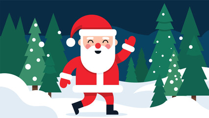 Flat vector illustration of Santa waving cheerfully in snowy weather, ideal for holiday ads, posters, greeting cards, packaging, and cheerful Christmas-themed visuals