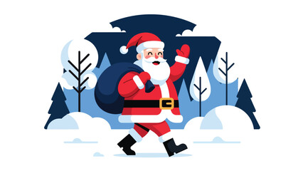Flat vector illustration of Santa waving cheerfully in snowy weather, ideal for holiday ads, posters, greeting cards, packaging, and cheerful Christmas-themed visuals