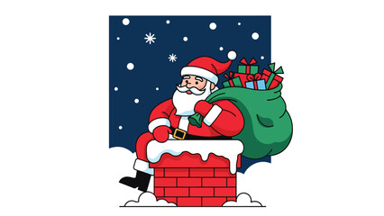 Modern flat vector of Santa climbing down a chimney with gift bag, ideal for Christmas storytelling, greeting cards, festive illustrations, and seasonal digital content