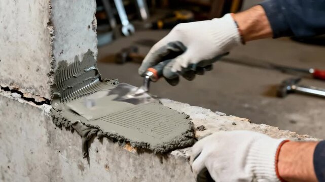 Closeup of hands filling structural concrete cracks with specialized patch material for durable repairs