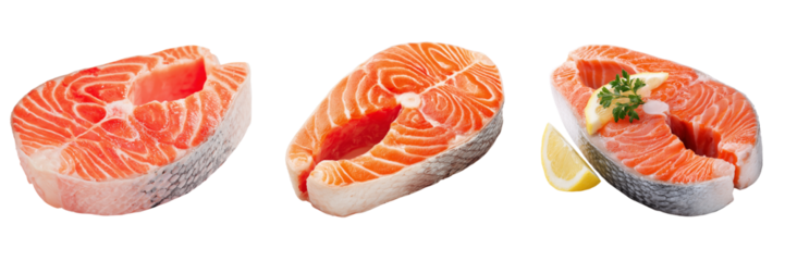 Set of Close-up shot of a raw salmon steak with vibrant orange color and visible marbling transparent png background. Ai generated