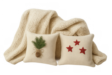 Cozy christmas holiday decor creating a warm and festive atmosphere with knit blanket and decorative pillows