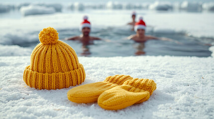 Cold water immersion with yellow wool mittens and knitted hat on snowy riverbank, people swimming in icy water, winter hardening tradition, extreme wellness and seasonal lifestyle concept