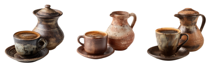 Set of Elegant coffee cups and saucers with a matching teapot, arranged neatly transparent png background. Ai generated