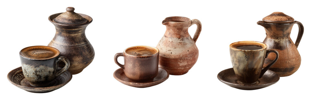 Set of Elegant coffee cups and saucers with a matching teapot, arranged neatly transparent png background. Ai generated