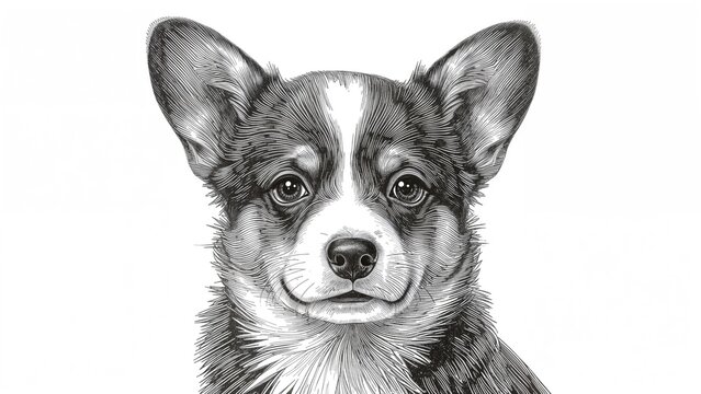 A detailed sketch or drawing of a dog with large ears and expressive eyes, resembling a Corgi or similar breed.