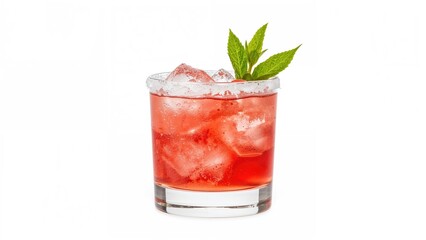 A refreshing red fruit cocktail with ice and mint leaves in a clear glass.