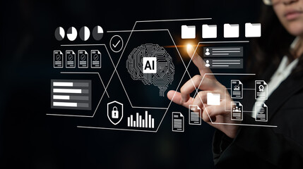 A business professional engages with an advanced AI interface, displaying real-time data, analytics, and cyber tools in a modern office setting, emphasizing innovation and strategy. Gantry