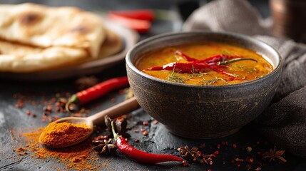 Bowl of curry with red chili peppers and spices, served with naan bread. Perfect for a cozy night in. A culinary experience that will ignite your taste buds and leave you wanting more.