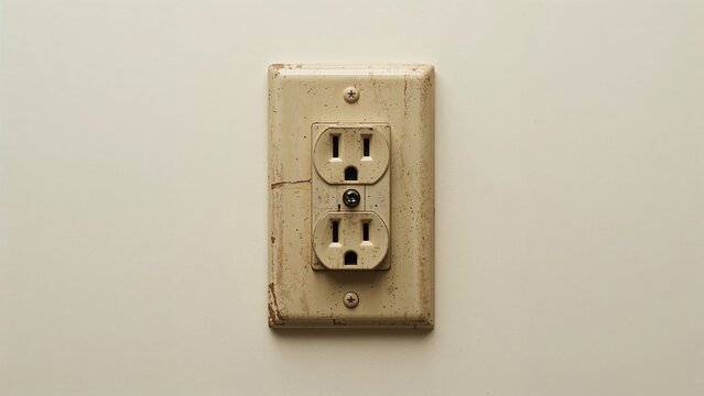 Old electrical outlet on a wall with dirt and stains.
