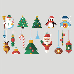 Cute flat Christmas icons set with Santa snowman trees and ornaments