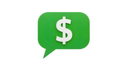 Green speech bubble icon with white dollar sign inside, representing money transfer or payment notification isolated on transparent background
