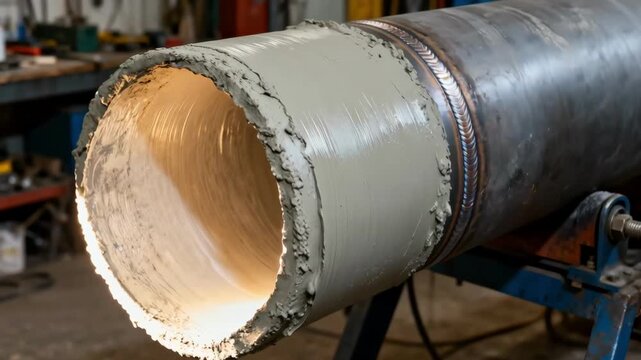 Industrial pipe undergoing internal lining repair with quicksetting cementitious mortar to prevent leaks