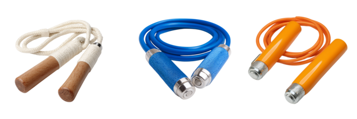 Set of Long adjustable jumping rope laid flat with ergonomic handles displayed clearly transparent png background. Ai generated