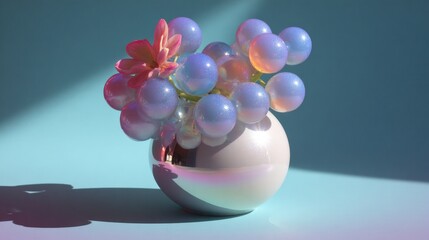 Modern decorative arrangement with glossy spheres and a succulent in a shiny white vase, against a vibrant blue backdrop, highlighting artistic design and visual appeal
