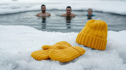 Cold water immersion with yellow wool mittens and knitted hat on icy lake shore, people swimming in freezing water, winter hardening practice, extreme wellness and lifestyle concept