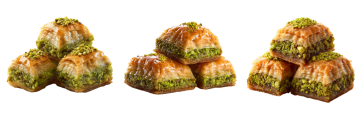 Set of Homemade Turkish baklava with golden layers and pistachios transparent png background. Ai generated