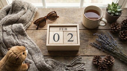 Wooden block calendar set to February 2 with groundhog plush toy on table