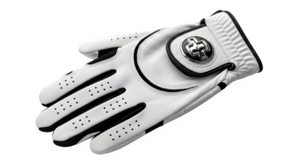 White leather golf glove with black trim and silver emblem on transparent background