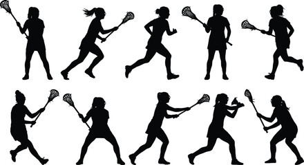 Silhouettes of female lacrosse players in dynamic action poses with sticks, showcasing athletic movement, teamwork, and competitive sports energy.