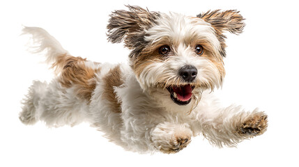 White and brown dog with mouth open running towards camera with ears flapping small dog white dog