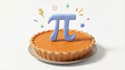 Blue Greek letter Pi symbol standing on pumpkin pie for Pie Day Holiday celebration