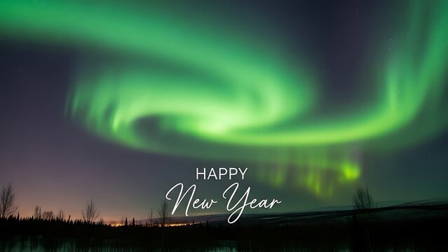 Stunning green aurora borealis over dark landscape with happy new year text - Powered by Adobe