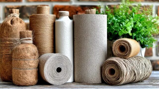 Ecofriendly cleaning products packaged in biodegradable paper and plantfiber kits emphasizing sustainability and waste reduction in household chores.