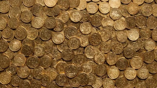 Numerous shiny gold coins with embossed patterns spread over a flat surface, captured in a realistic style, symbolizing wealth and treasure