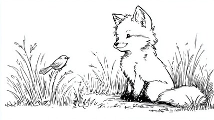 Obraz premium A charming monochrome illustration featuring a young fox gazing curiously at a small bird perched on tall grass, set against a simple, grassy backdrop.