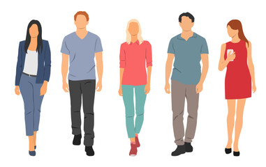 Business people walk. Young men and women, front view, different colors, cartoon character, group of people silhouettes, students, flat icon design concept, isolated on white background