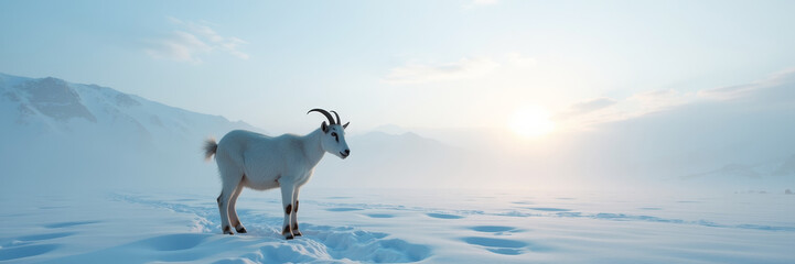 Fototapeta premium Minimal serene Snow-Covered Goat Pen under Blue early morning sky with untouched snow creating a dreamy peaceful winter atmosphere