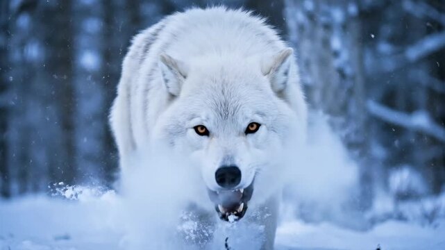 Majestic wolf leaping through snowfield during winter hunt in wild forest terrain.