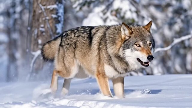 Wild wolf sprinting across snowy forest field in dramatic natural hunting behavior.